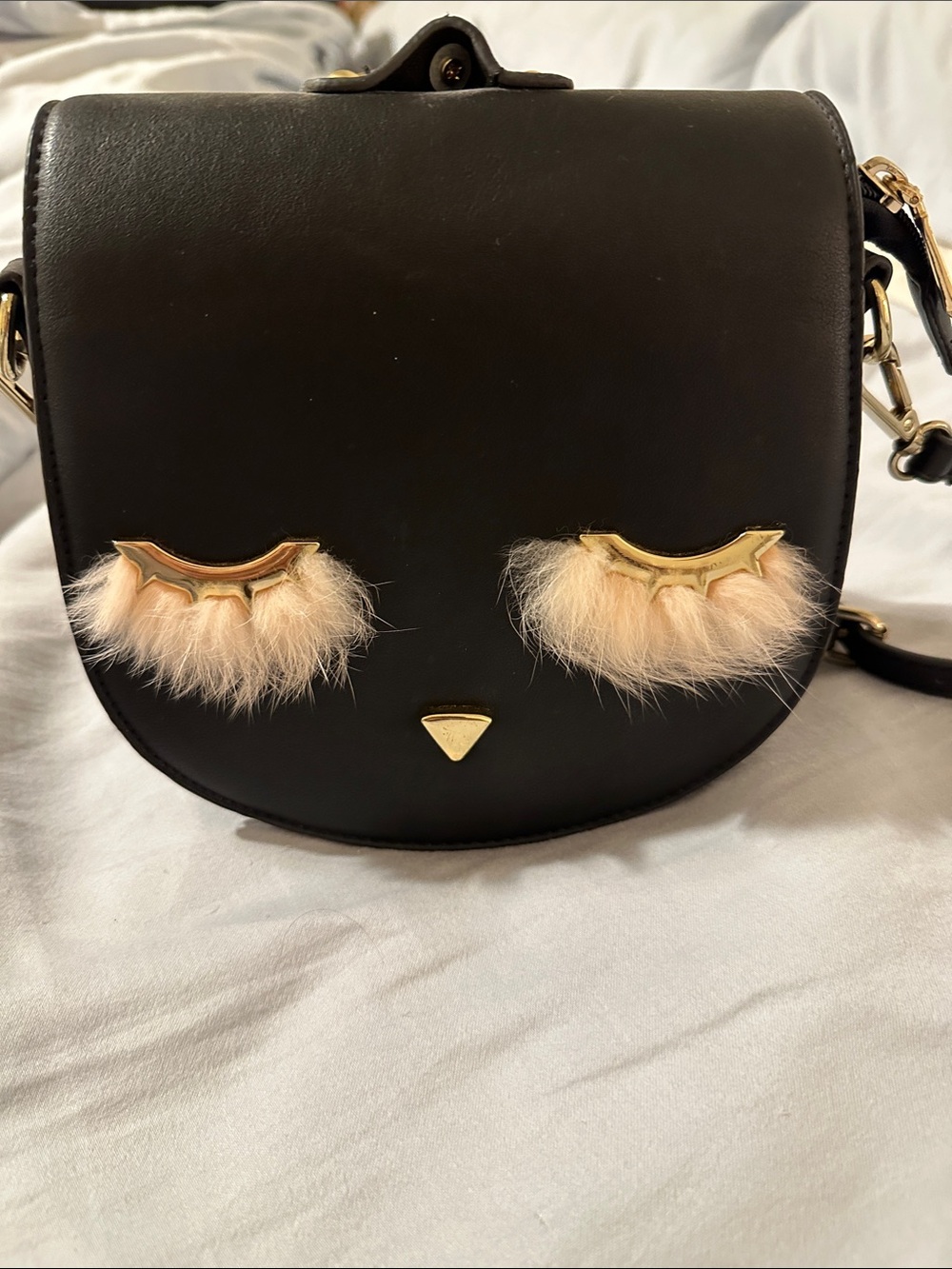 Black Crossbody Bag with Faux Fur Eyelash Detail